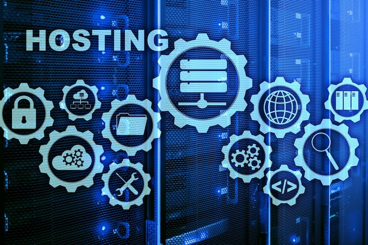 Foto tecnología de alojamiento web internet y concepto de red en el fondo de la sala de servidores pantalla virtual