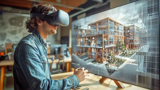 Tecnologia arquitetônica jovem designer em óculos VR analisa uma projeção de modelo de edifício