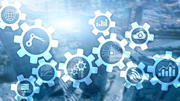 Tecnología de automatización y concepto de industria inteligente sobre fondo abstracto borroso Engranajes e iconos