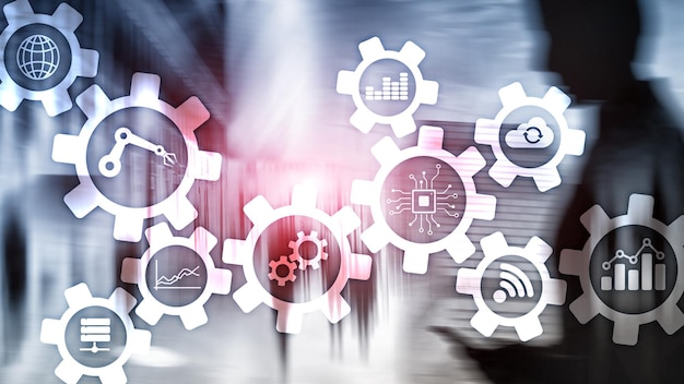 Tecnología de automatización y concepto de industria inteligente sobre fondo abstracto borroso Engranajes e iconos