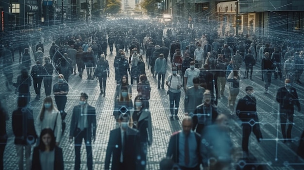 Tecnologia avançada está sendo usada para rastrear um grupo de empresários enquanto eles caminham por uma movimentada rua urbana Generative AI e CCTV