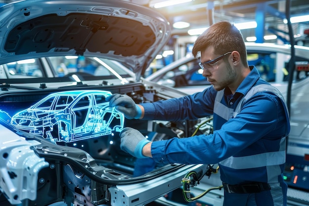 Tecnología avanzada en la fabricación de automóviles ingeniero automotriz en la línea de ensamblaje futurista