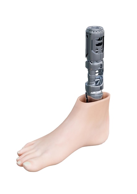 Foto tecnología avanzada prótesis ortopédica de pierna humana aislada sobre un fondo blanco