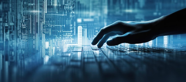 Tecnología de big data y ciencia de datos y flujo de datos táctiles humanos en pantalla virtual Científico de datos ana