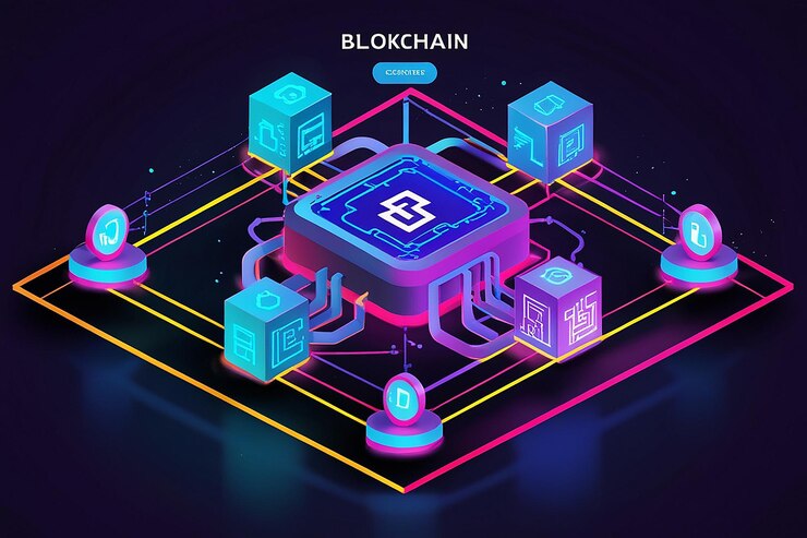 Foto tecnología blockchain banner isométrico 3d neon ilustración vectorial red de conexión de bloques