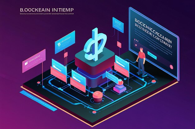 Tecnología Blockchain Banner Isométrico Ilustración vectorial 3D con concepto de criptomoneda digital