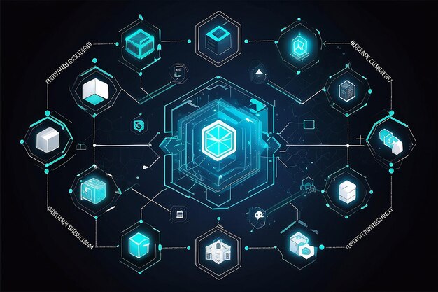 tecnologia blockchain com ícones como blockchain funciona fundo hexágono abstrato