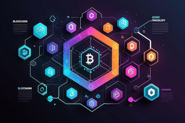 tecnologia blockchain com ícones como blockchain funciona fundo hexágono abstrato