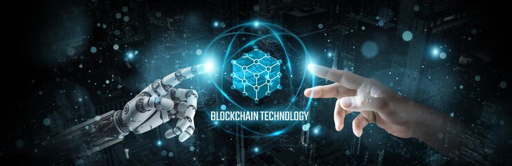 Foto tecnología blockchain empresario tocando la red global digital de intercambio de datos blockchain