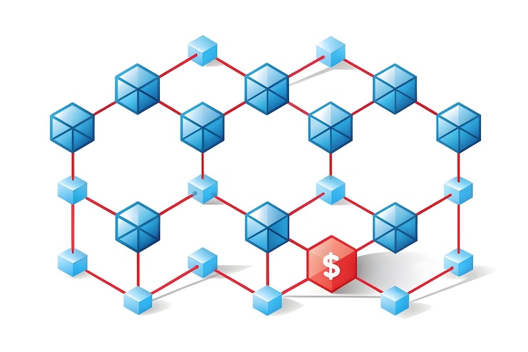 Foto tecnología blockchain de ia 3d con reducción de costos concepto de ilustración vectorial de símbolos de flecha para la eficiencia