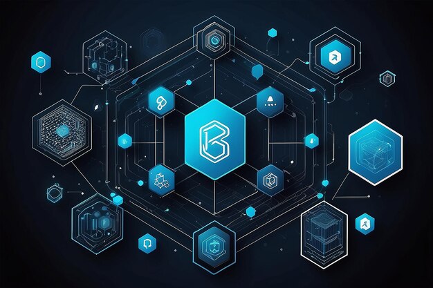 Tecnología blockchain con iconos cómo funciona la cadena de bloques fondo hexágono abstracto