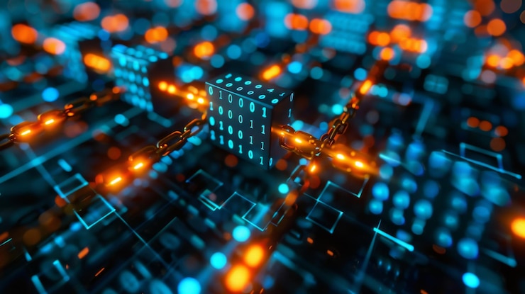 Foto tecnología blockchain simbolizada por bloques digitales interconectados que representan transacciones de datos descentralizadas seguras y tecnología financiera