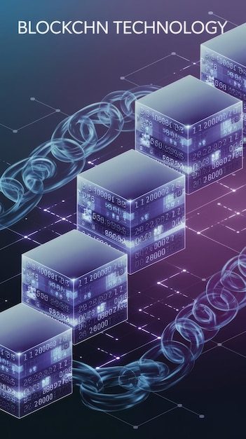 Tecnología Blockchn con diagrama de chn y bloques encriptados en fondo abstracto