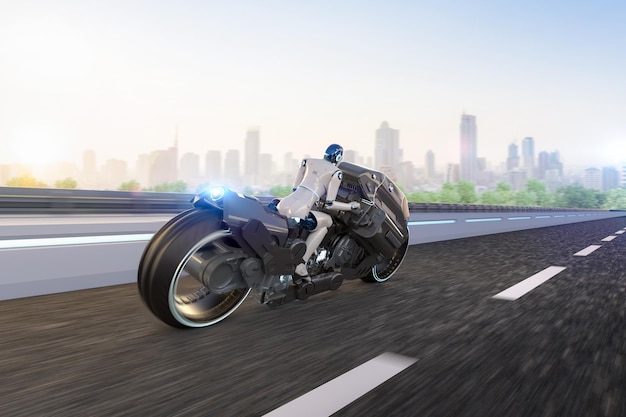 Tecnología de carreras con robot montando en moto con velocidad