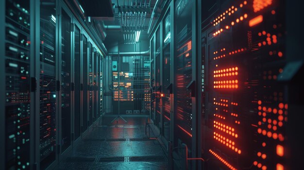 Foto tecnología del centro de datos racks de servidores con vfx en sala oscura visualización detallada concepto de la internet de las cosas flujo de datos digitalización del tráfico de internet equipo de almacenamiento de información