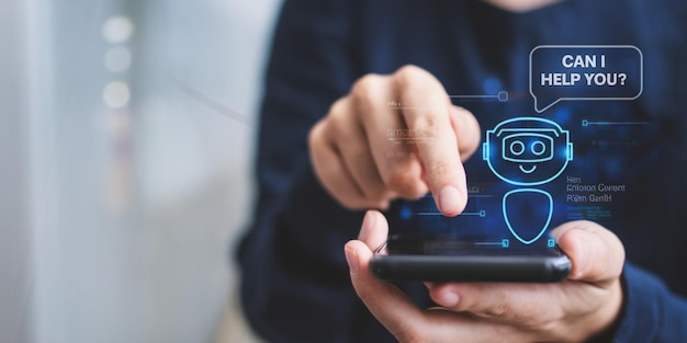 Tecnología de chat de IA Empresario utiliza teléfono inteligente con pantalla virtual de chatbot de IA para comunicarse