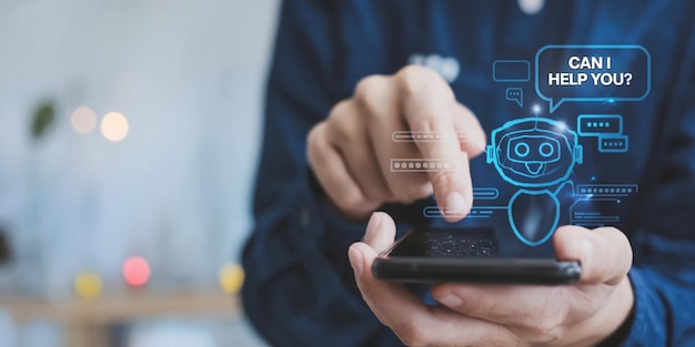 Tecnología de chat de IA Empresario utiliza teléfono inteligente con pantalla virtual de chatbot de IA para comunicarse
