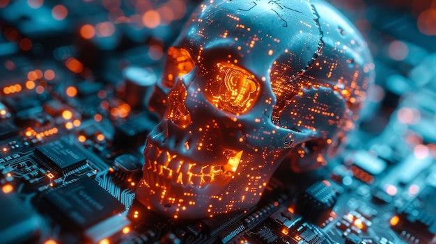 Tecnologia cibernética Logotipo de Halloween na forma de um banner de festa de Halloween de PCB baseado em Inteligência Artificial ou IA