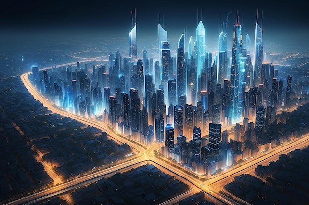 Tecnología de ciudad inteligente en forma de píxeles con líneas que se conectan con la ciudad de una manera única