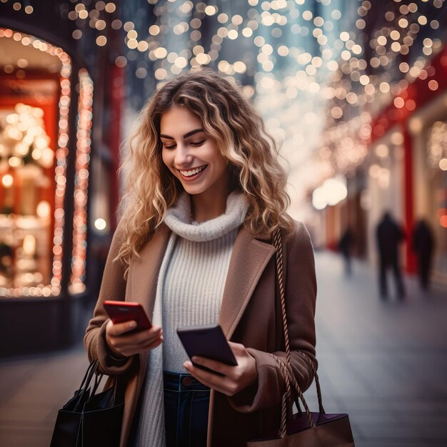 Tecnología de compras del Viernes Negro Mujer con bolsas de compras está usando un teléfono inteligente y sonriendo