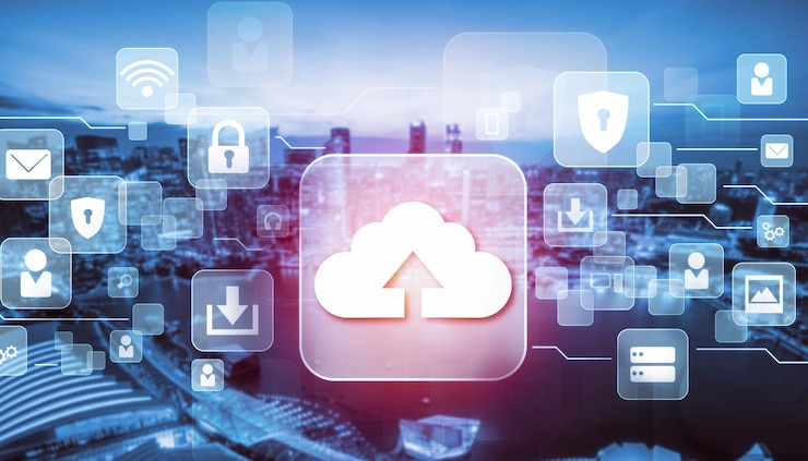 Foto tecnología de computación en la nube y almacenamiento de datos en línea para compartir datos a nivel mundial