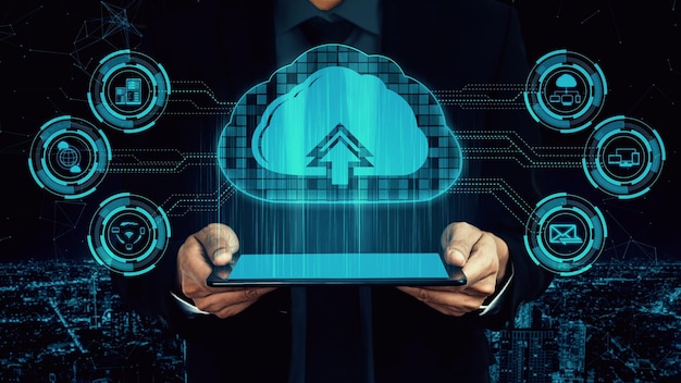 Tecnología de computación en la nube y almacenamiento de datos en línea para un concepto de red empresarial astuto