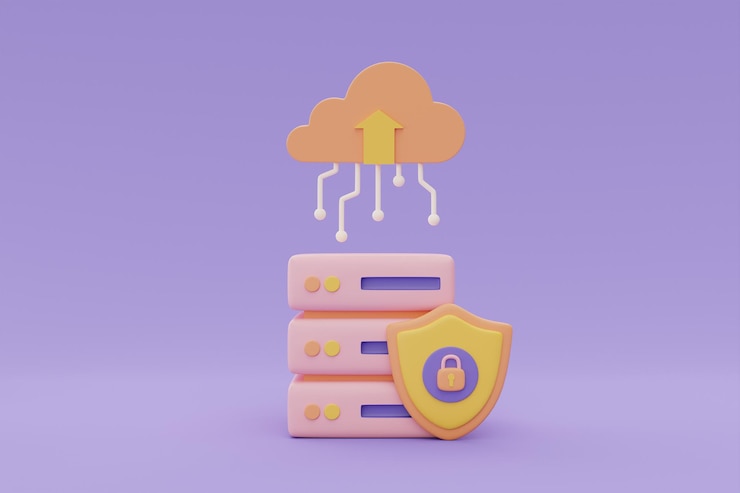 Foto tecnología de computación en la nube y almacenamiento de datos en línea para el concepto de red empresarial bastidores de servidores con sistema de protección de seguridad representación 3d