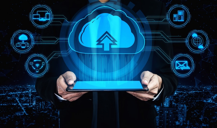 Foto tecnología de computación en la nube y almacenamiento de datos en línea para el concepto de red empresarial.