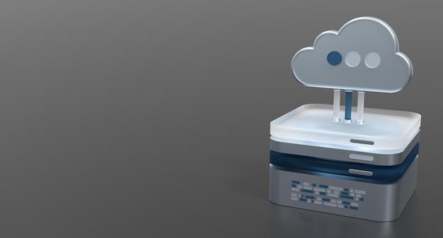 Tecnología de computación en la nube Centro de datos en la nube con servidor de alojamiento Servicio en la nube Rendering 3D Red y base de datos Almacenamiento en la nube Ilustración de renderizado en 3D