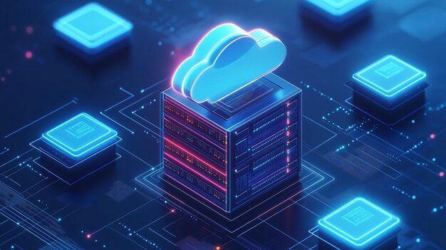 Tecnología de computación en nube digital con servidores de datos y circuitos que brillan en colores azul neón y rosa por la noche