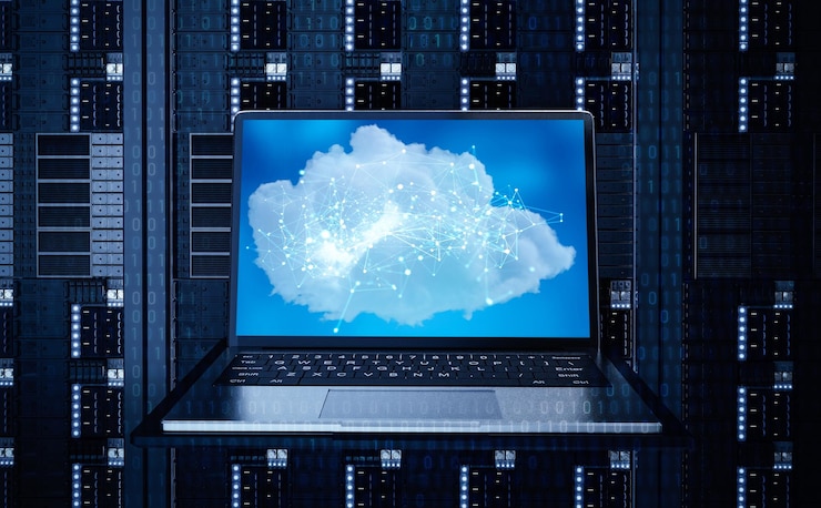 Foto tecnología de computación en la nube con nube de renderizado 3d en computadora portátil