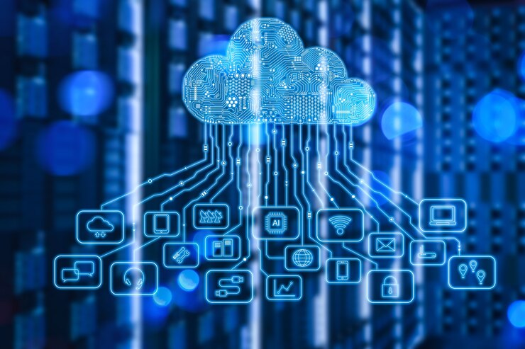 Foto tecnología de computación en la nube con sala de servidores de renderizado 3d y pantalla gráfica