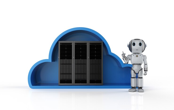 Foto tecnología de computación en la nube con servidor de renderizado 3d en la nube y robot amigable