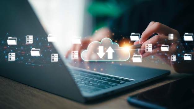 Tecnología de computación en nube para la transmisión de datos almacenamiento de datos de base de datos y copia de seguridad concepto de servicio de red e Internet concepto de red empresarial futurista