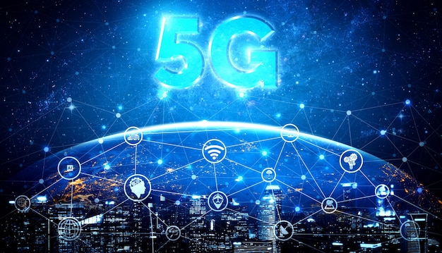 Tecnología de comunicación 5g red inalámbrica de internet para el crecimiento empresarial global, redes sociales, comercio electrónico digital y entretenimiento para uso doméstico.