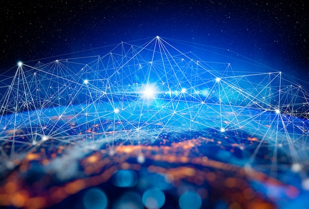 Tecnología de la comunicación para negocios en Internet. Red mundial global y telecomunicaciones en criptomoneda terrestre y blockchain e IoT. Elementos de esta imagen proporcionados por la NASA