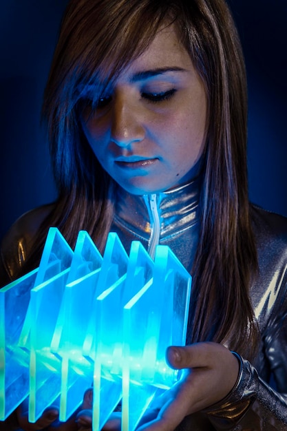 Tecnología.Concepto de fibra óptica, mujer con luces modernas