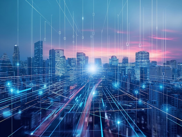 Tecnología de conexión de grandes datos en la ciudad inteligente Concepto de tecnología de conexión de gran datos en la gran ciudad