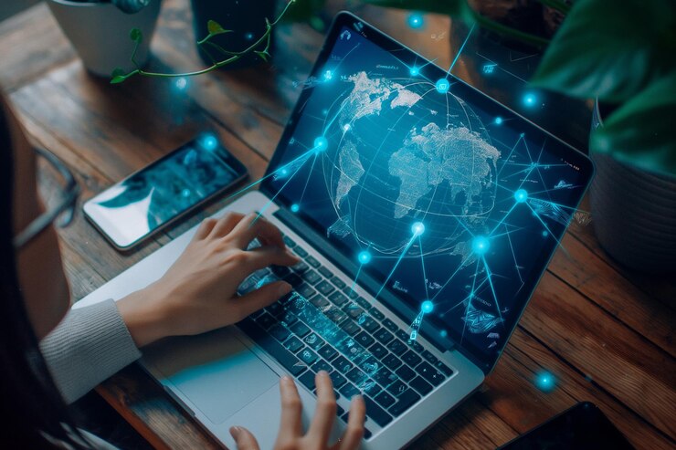 Foto tecnologia da internet conceito de comércio eletrônico pessoa que usa computador portátil e telefone inteligente com global
