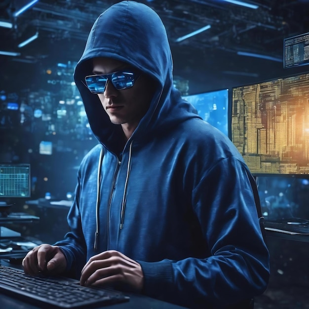 Tecnología de datos fondo azul con medios remezclados por hackers