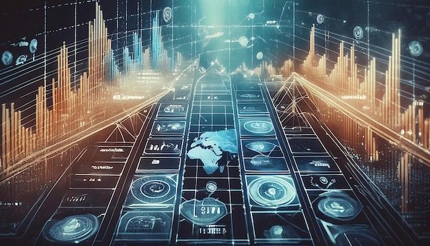 Foto tecnología de datos moneda digital generada por computadora y gráfico de acciones de intercambio para finanzas