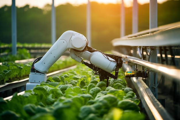 Foto tecnologia de braço robótico em fazenda de plantas por generative ai