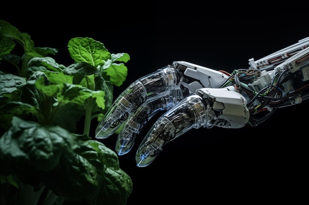 Foto tecnologia de braço robótico em fazenda de plantas por generative ai