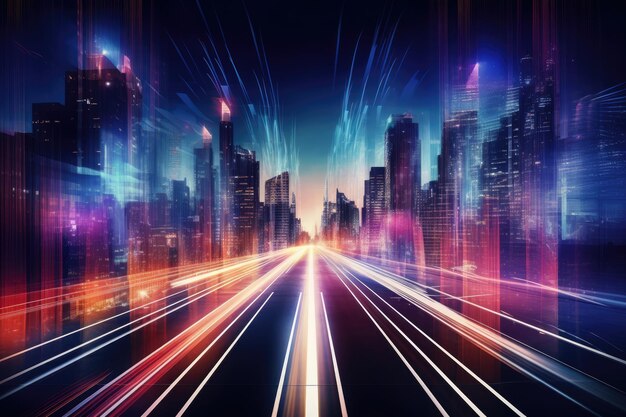 Tecnologia de cidade futurista com reflexão de luz digital brilhante, néon moderno e inteligente de megacidade