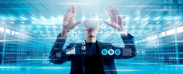 Tecnologia de controle de realidade virtual VR no armazém da fábrica da indústria Futuro mundo digital futurista AI indústria de inteligência artificial automatizado metaverso conceito de tecnologia de realidade aumentada IoT