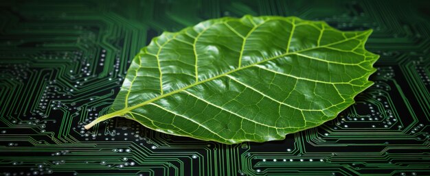 Tecnologia de folha verde sobre placas de circuito e conceito de sustentabilidade IA gerativa