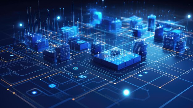 Tecnologia de fundo grandes chips de dados no circuito azul papel de parede de rede minimalista