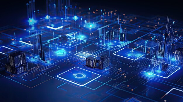 Tecnologia de fundo grandes chips de dados no circuito azul papel de parede de rede minimalista