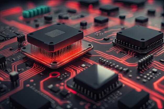 tecnologia de fundo microchip em uma placa de circuito com um raio de dados vermelho conceito de ataque de hacking