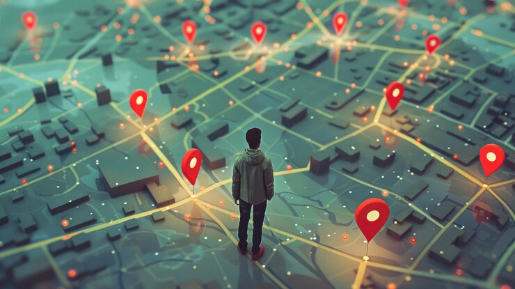 Foto tecnologia de geofencing modelo de cidade em miniatura com pessoa de pé no meio em um mapa da cidade com alfinetes vermelhos que retratam o conceito de rastreamento de localização e tecnologia de navegação no mundo digital